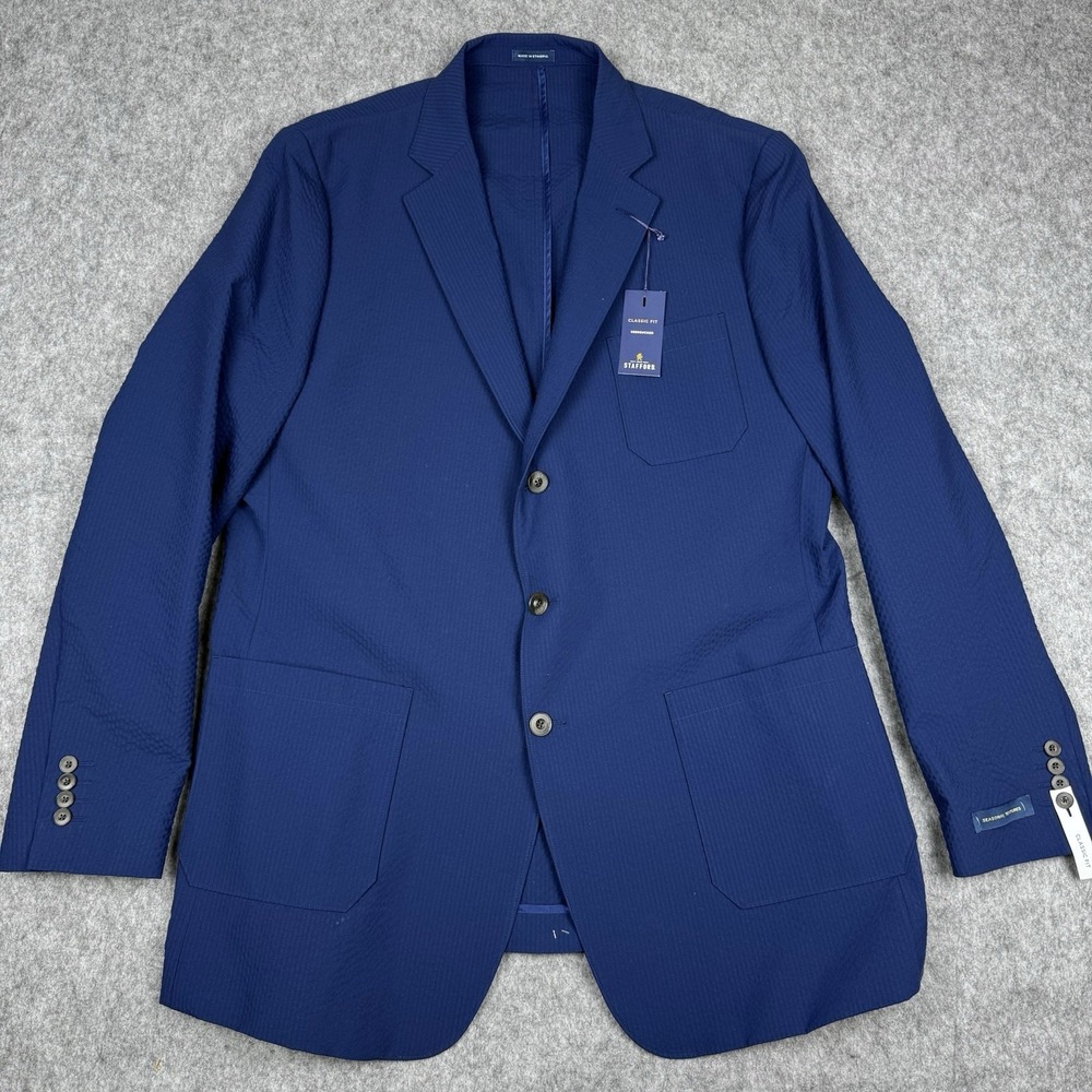 Stafford NWT Classic Fit Seersucker Blazer Blue Mens 48L Sport Coat $168 MSRP